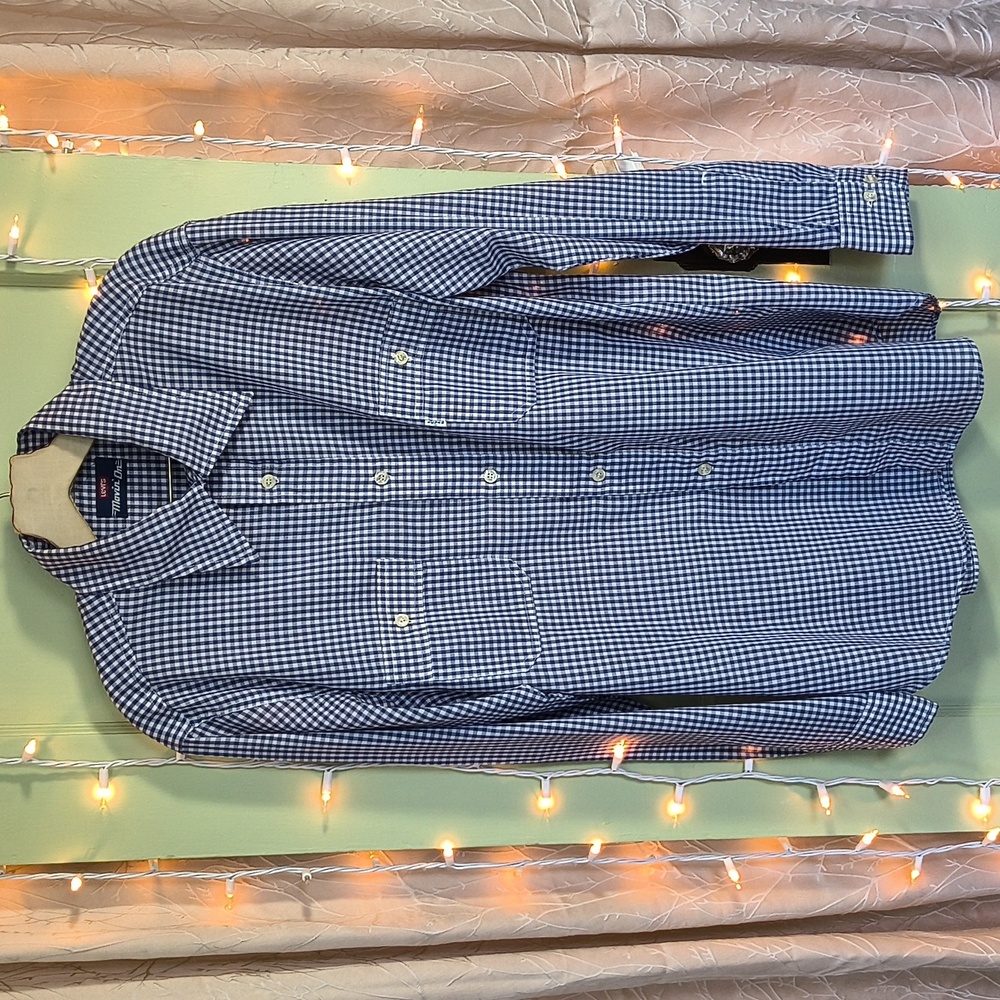 Men's Levi's Navy White Checkered Lightweight Wrinkle Free Button Up Shirt XL